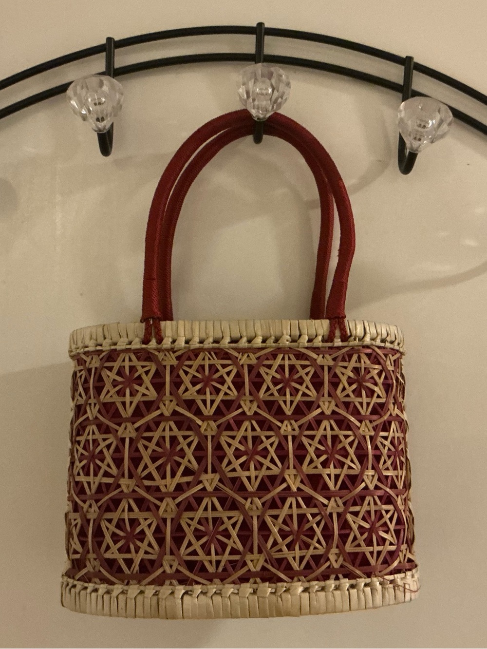 Woven Red Straw Tote Bag with Red Handles